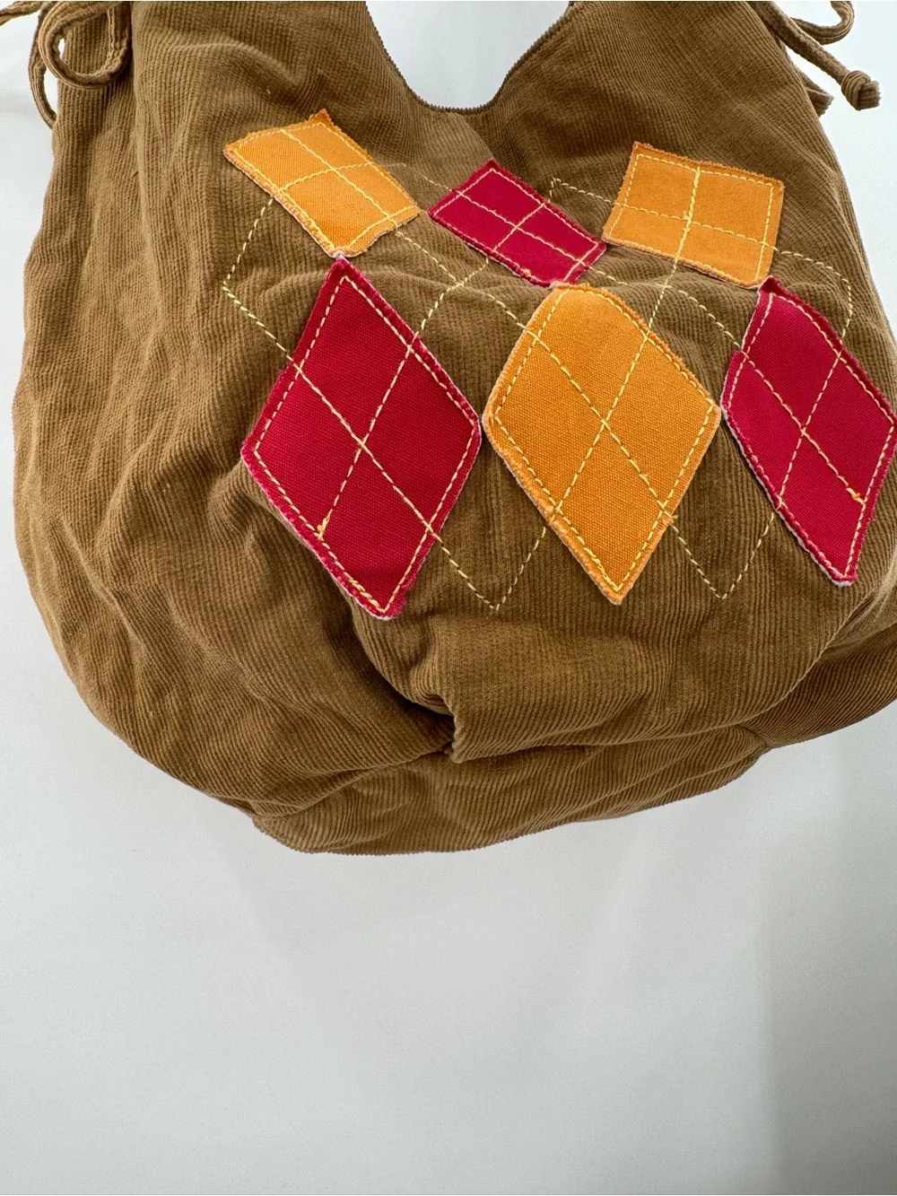 Y2K Corduroy Argyle Shoulder Bag Brown Boho Hobo Purse Academia Preppy